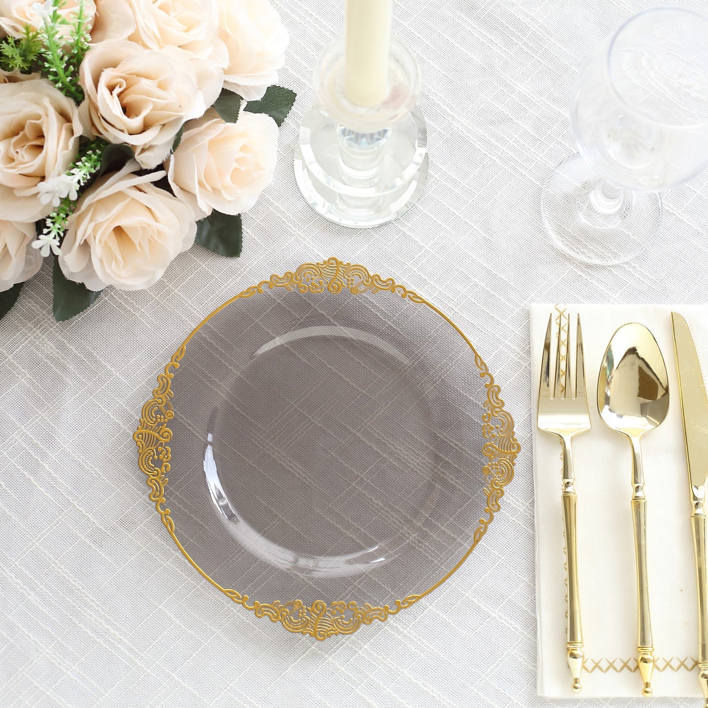 10 Pack Transparent Black Disposable Salad Plates with Gold Leaf Embossed Baroque Rim, Round Plastic Appetizer Dessert Plates - 8"