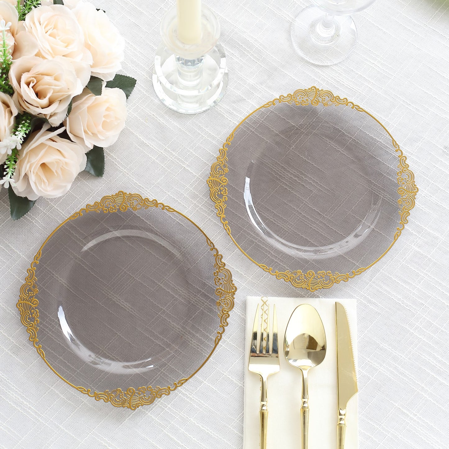 10 Pack Transparent Black Disposable Salad Plates with Gold Leaf Embossed Baroque Rim, Round Plastic Appetizer Dessert Plates - 8"