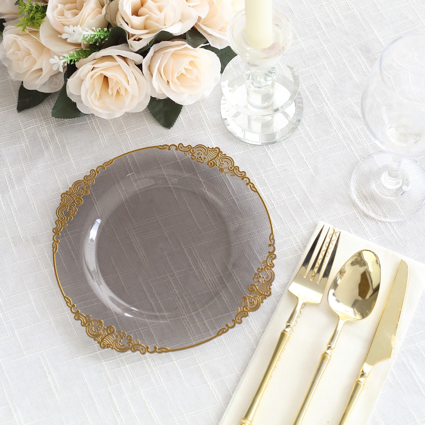 10 Pack Transparent Black Disposable Salad Plates with Gold Leaf Embossed Baroque Rim, Round Plastic Appetizer Dessert Plates - 8"