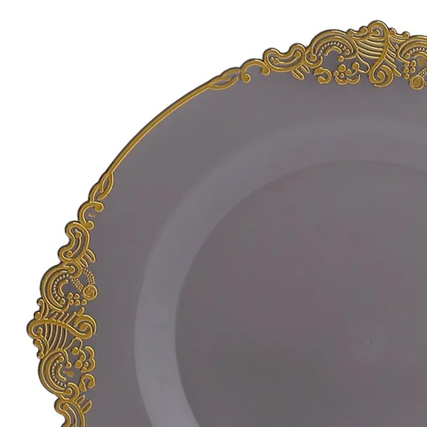 10 Pack Transparent Black Disposable Salad Plates with Gold Leaf Embossed Baroque Rim, Round Plastic Appetizer Dessert Plates - 8"