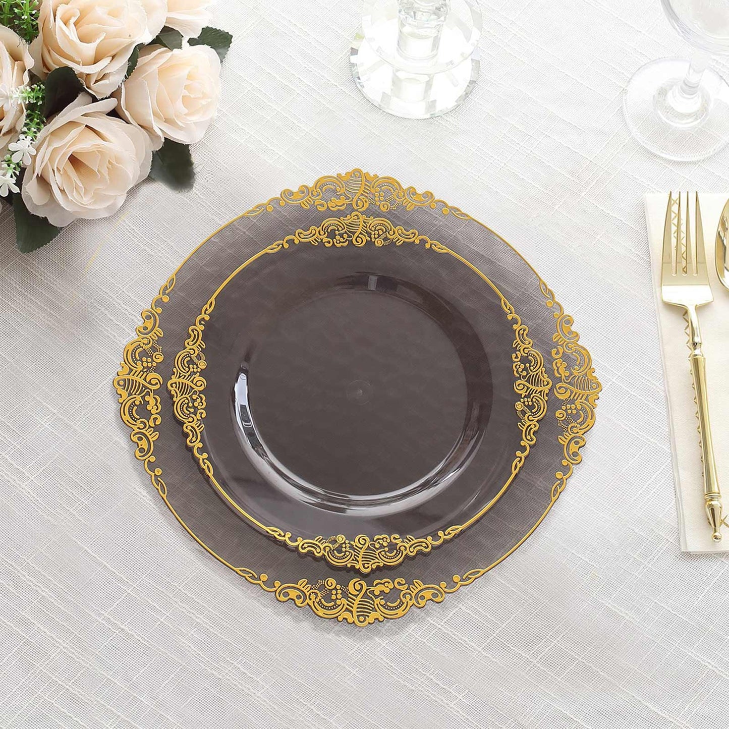 10 Pack Transparent Black Disposable Salad Plates with Gold Leaf Embossed Baroque Rim, Round Plastic Appetizer Dessert Plates - 8"