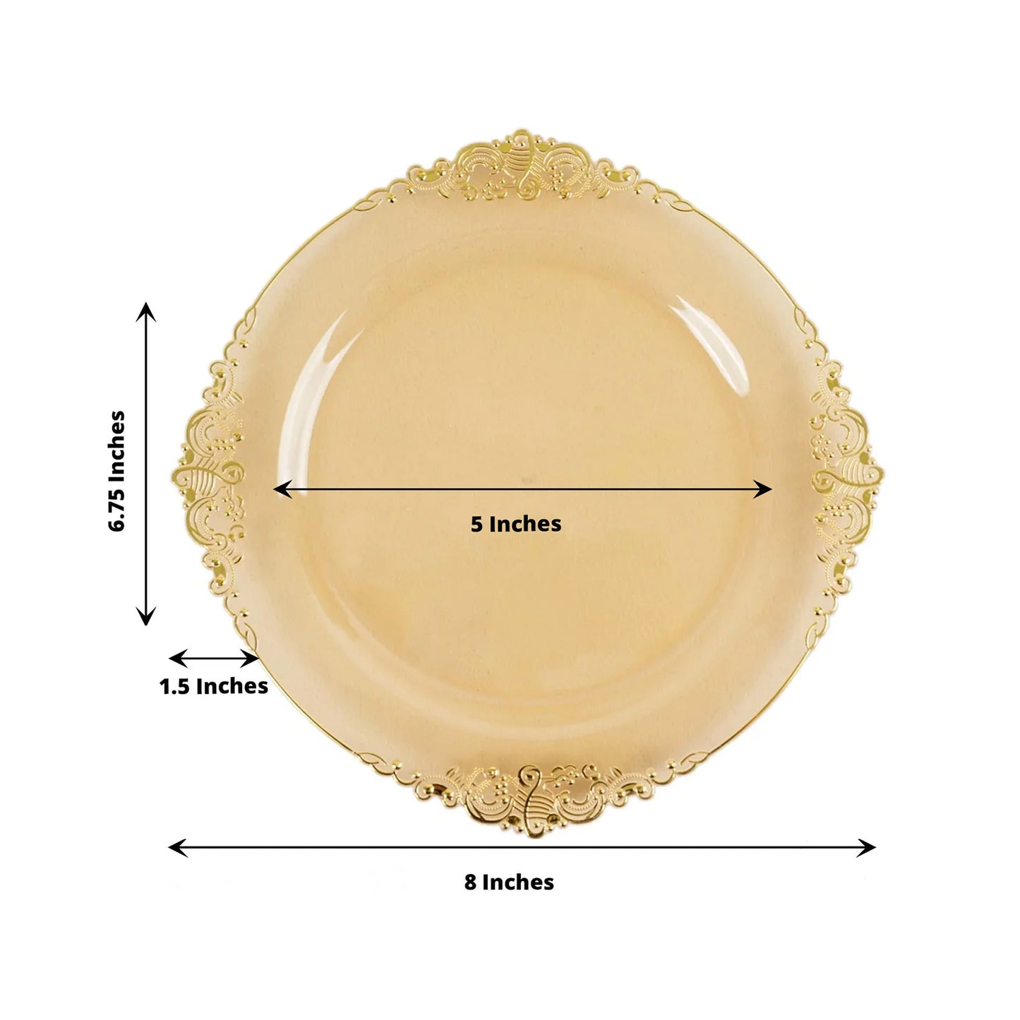 10 Pack 8" Amber Plastic Salad Plates With Gold Leaf Embossed Baroque Rim, Round Disposable Appetizer Dessert Plates