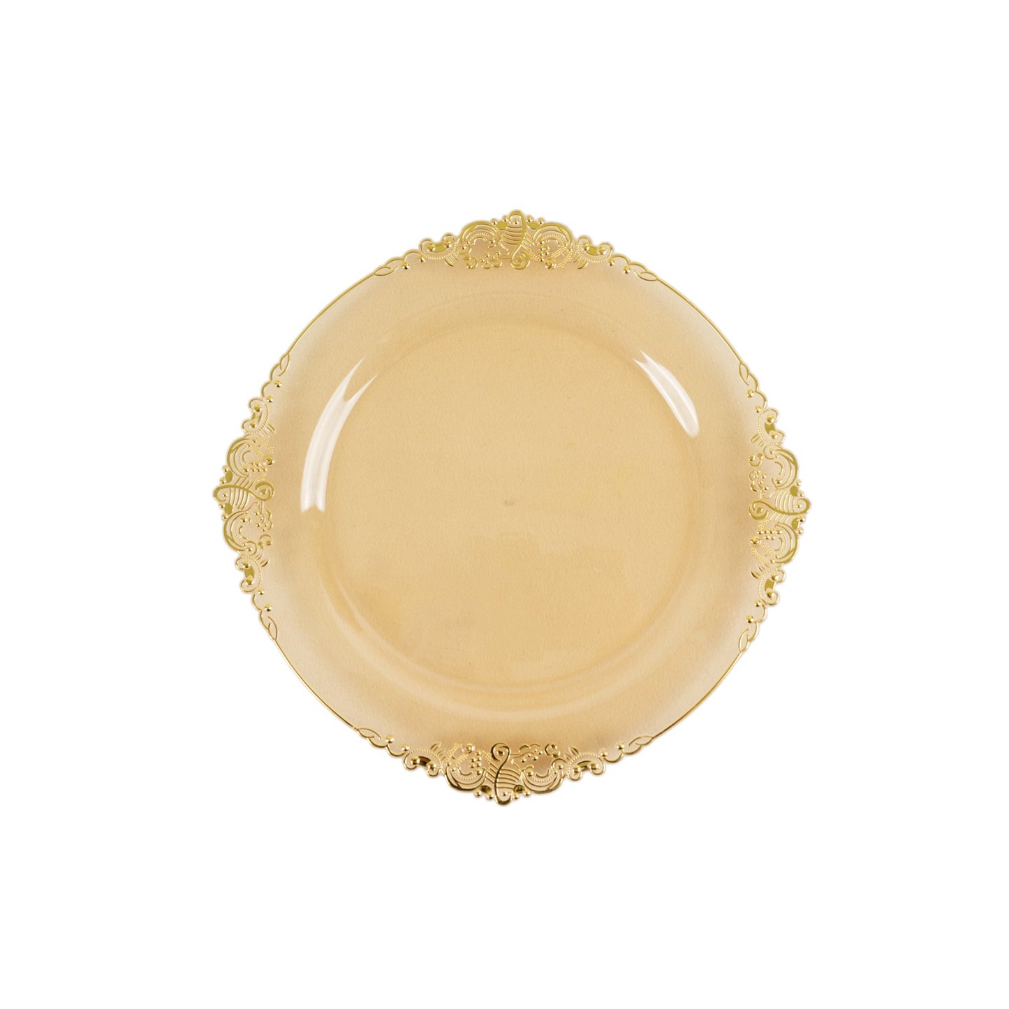 10 Pack 8" Amber Plastic Salad Plates With Gold Leaf Embossed Baroque Rim, Round Disposable Appetizer Dessert Plates