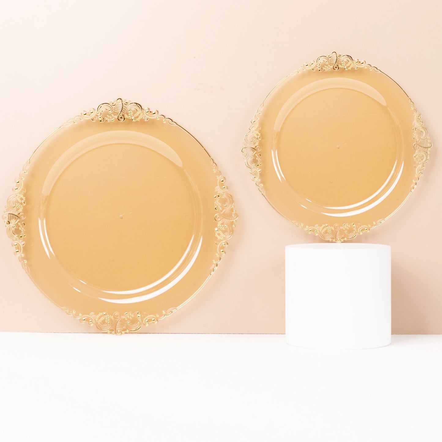 10 Pack 8" Amber Plastic Salad Plates With Gold Leaf Embossed Baroque Rim, Round Disposable Appetizer Dessert Plates