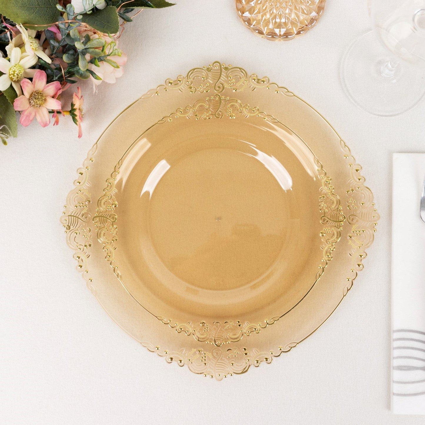 10 Pack 8" Amber Plastic Salad Plates With Gold Leaf Embossed Baroque Rim, Round Disposable Appetizer Dessert Plates