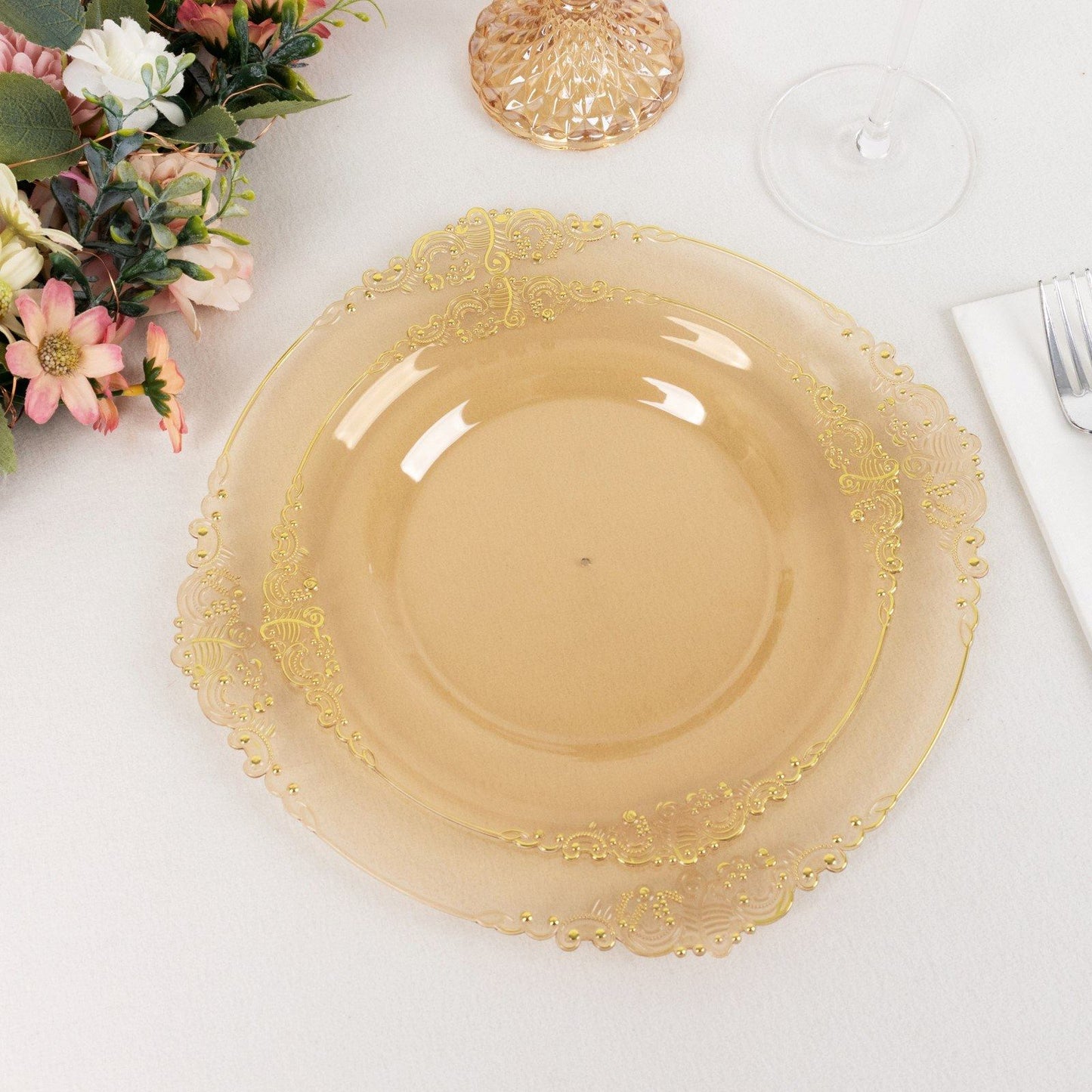 10 Pack 8" Amber Plastic Salad Plates With Gold Leaf Embossed Baroque Rim, Round Disposable Appetizer Dessert Plates