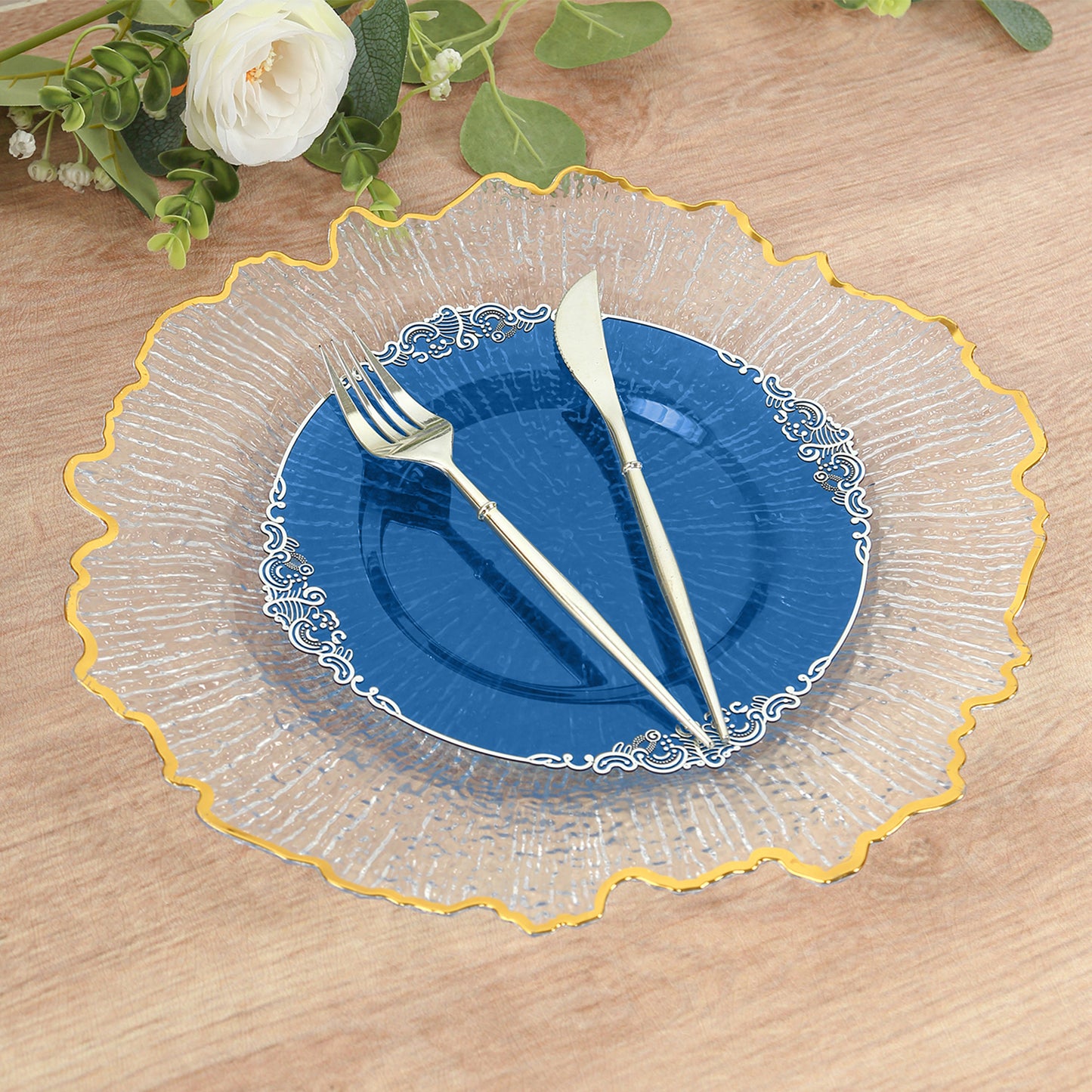 10 Pack Transparent Navy Blue Disposable Salad Plates with Silver Leaf Embossed Baroque Rim, Round Plastic Appetizer Dessert Plates - 8"