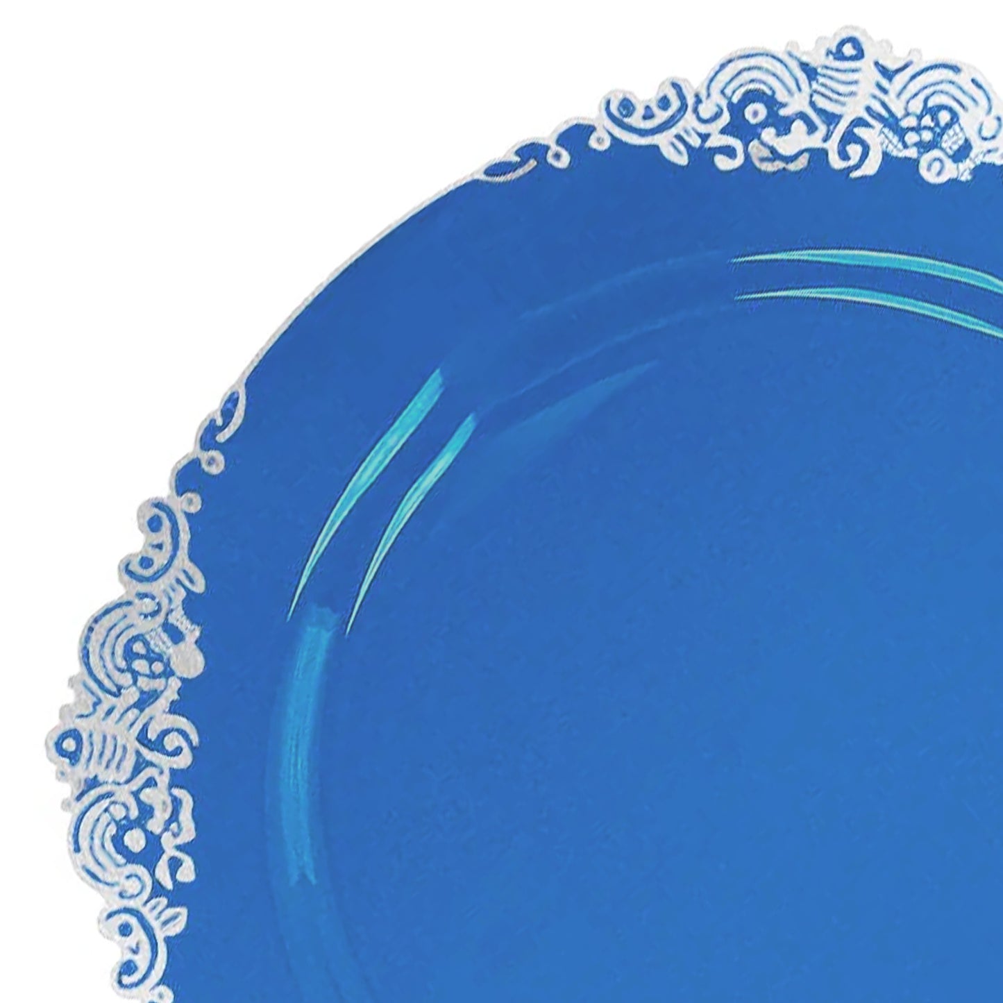 10 Pack Transparent Navy Blue Disposable Salad Plates with Silver Leaf Embossed Baroque Rim, Round Plastic Appetizer Dessert Plates - 8"