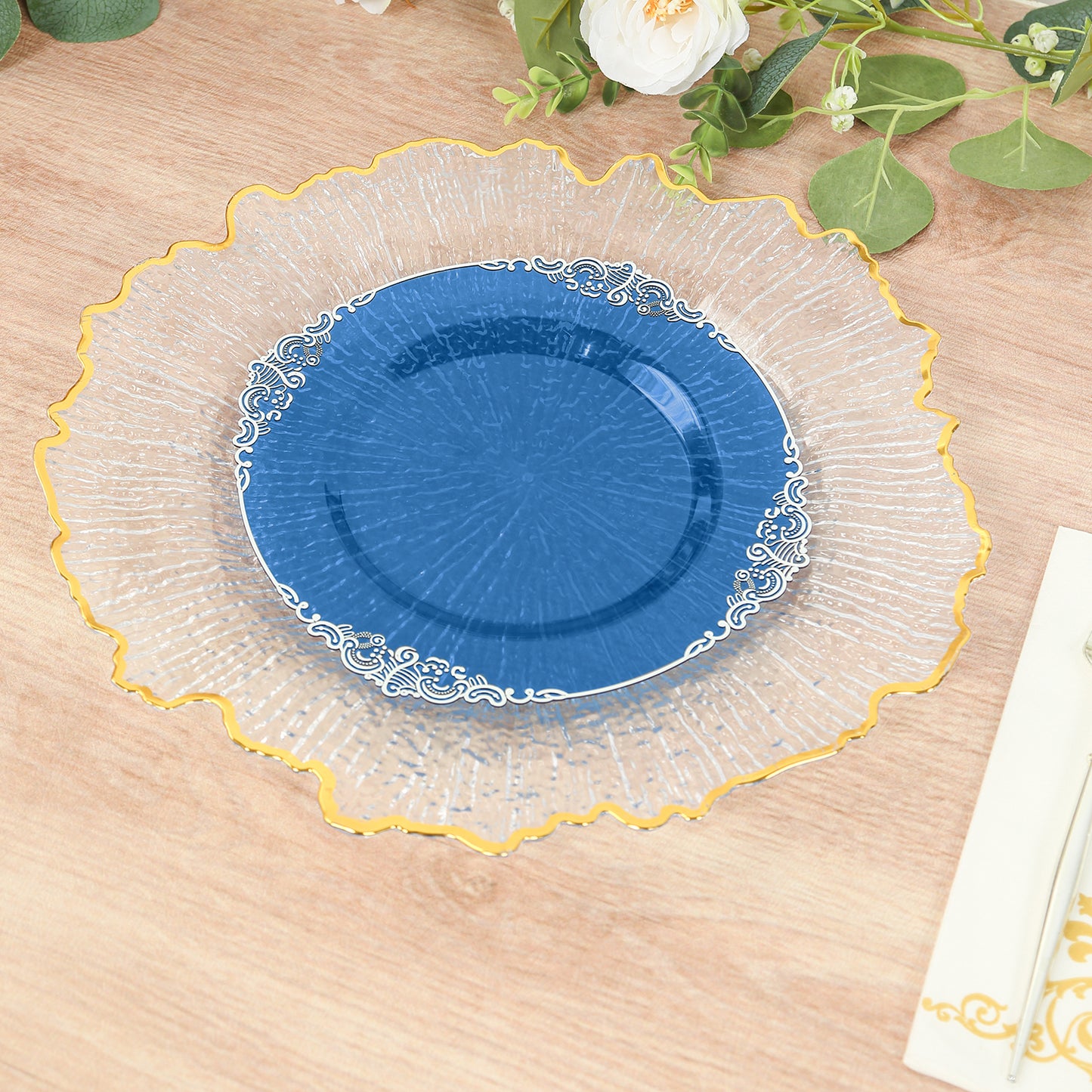 10 Pack Transparent Navy Blue Disposable Salad Plates with Silver Leaf Embossed Baroque Rim, Round Plastic Appetizer Dessert Plates - 8"