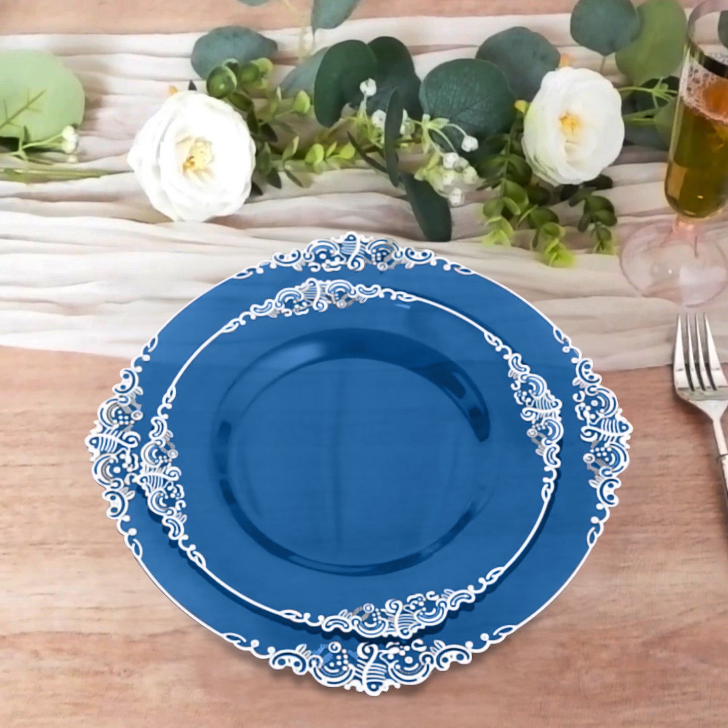 10 Pack Transparent Navy Blue Disposable Salad Plates with Silver Leaf Embossed Baroque Rim, Round Plastic Appetizer Dessert Plates - 8"