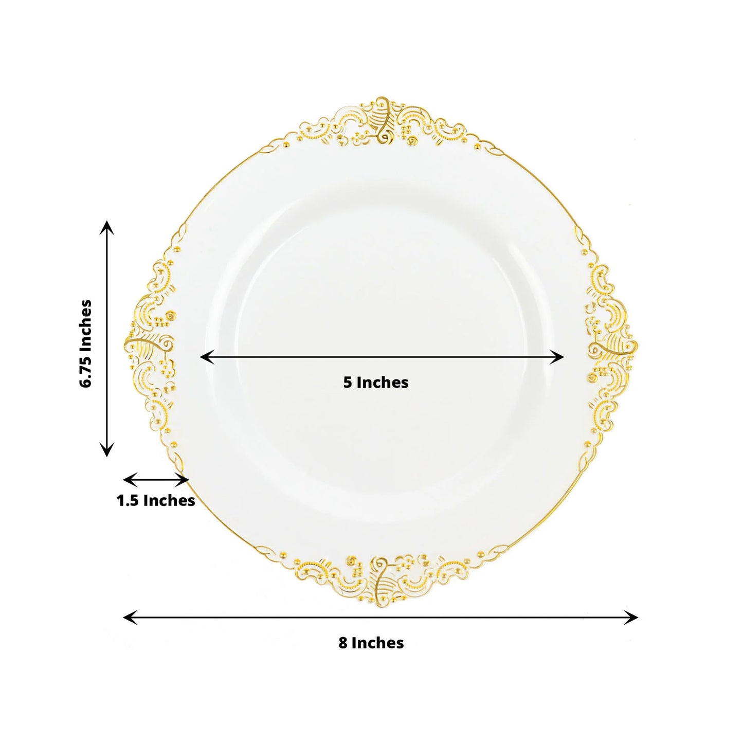 8 Inch Disposable Round Plastic Dessert Plates Vintage White and Gold Leaf Embossed Design 10 Pack