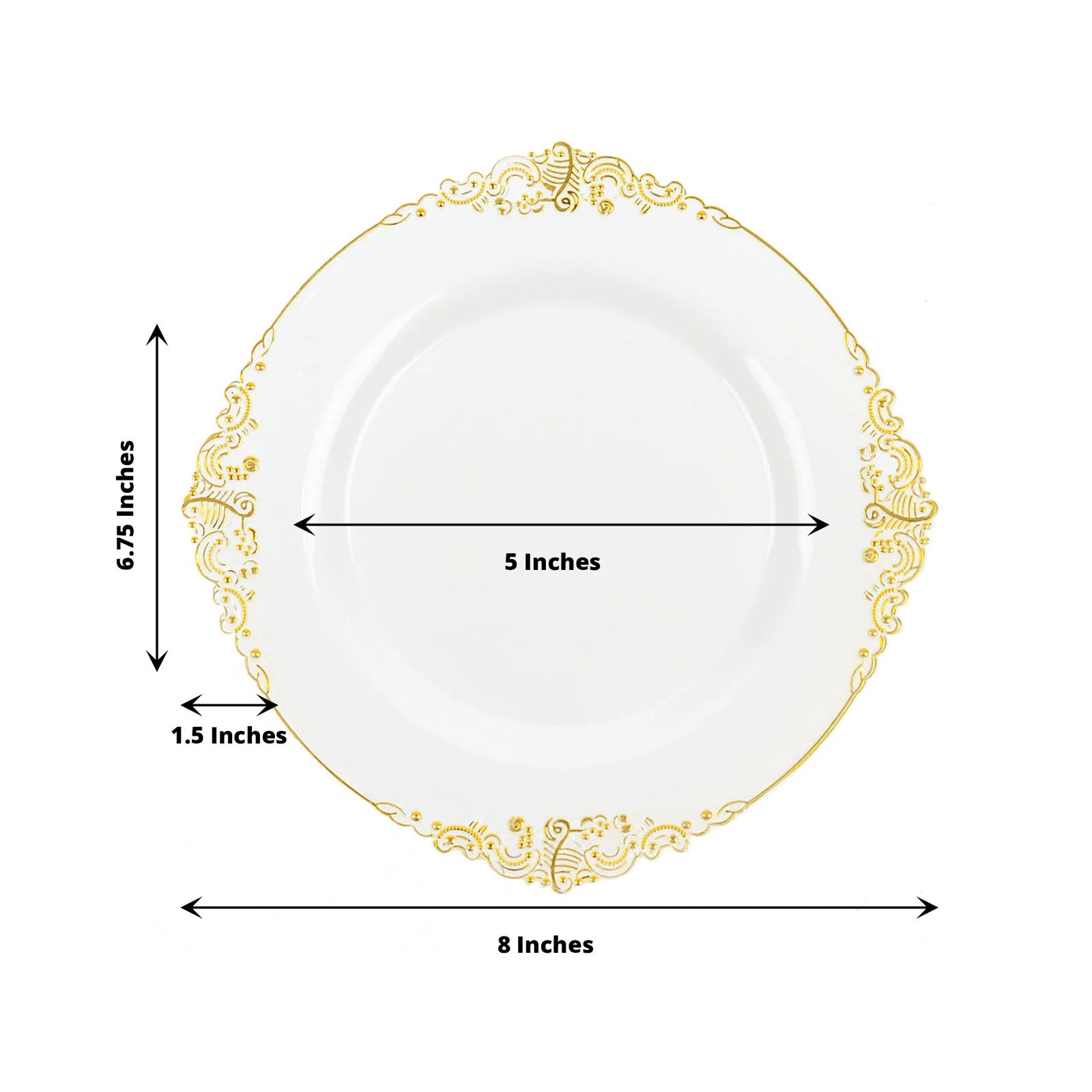 8 Inch Disposable Round Plastic Dessert Plates Vintage White and Gold Leaf Embossed Design 10 Pack