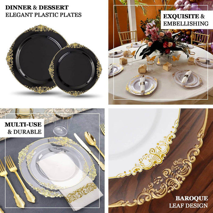 10 Pack 10" White Plastic Party Plates With Gold Leaf Embossed Baroque Rim, Round Disposable Dinner Plates