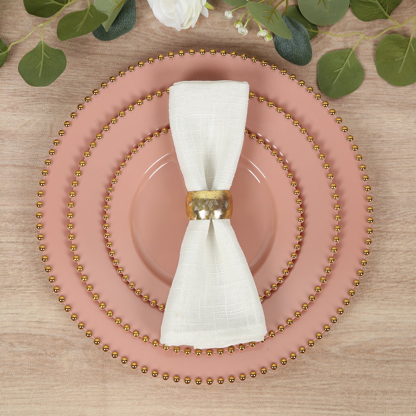 10-Pack Plastic 10" Round Dinner Plates in Dusty Rose with Gold Beaded Rim - Disposable Party Plates for Banquets & Festive Occasions