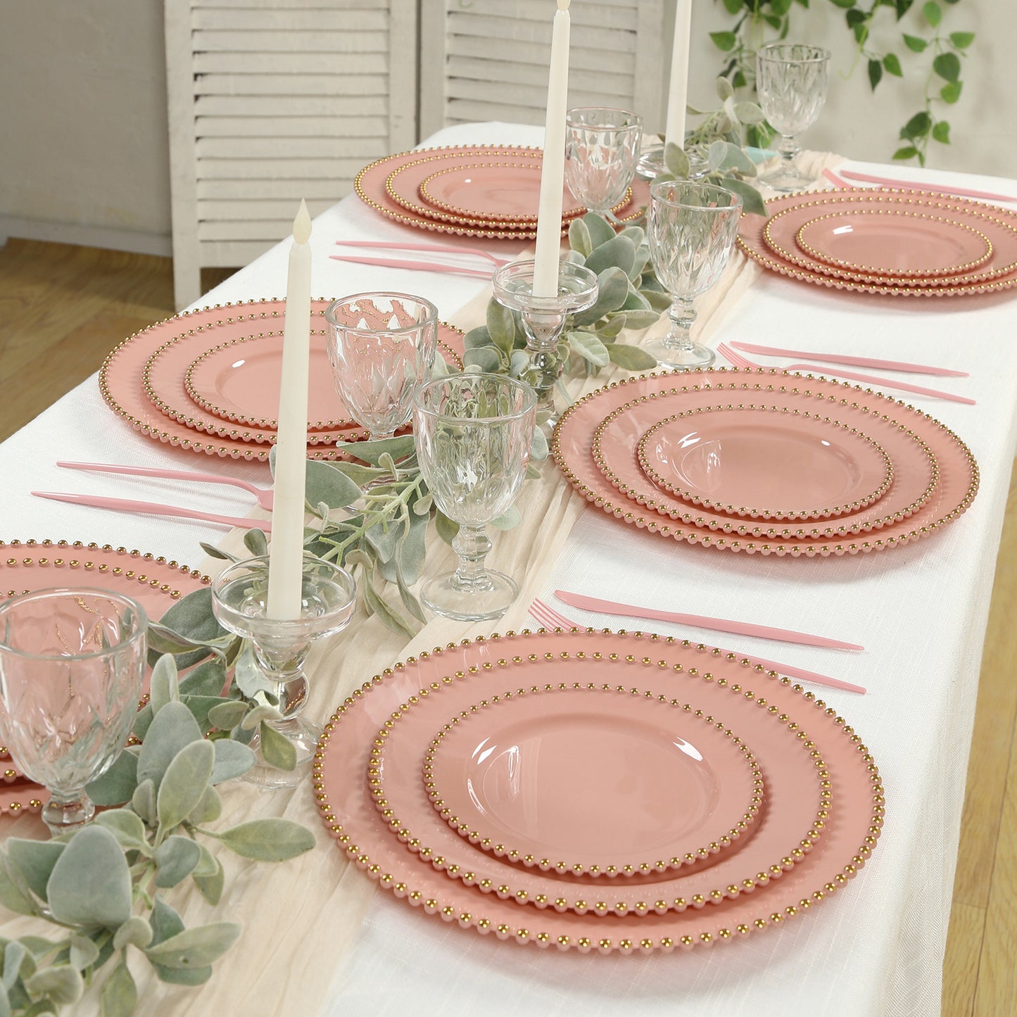 10-Pack Plastic 10" Round Dinner Plates in Dusty Rose with Gold Beaded Rim - Disposable Party Plates for Banquets & Festive Occasions