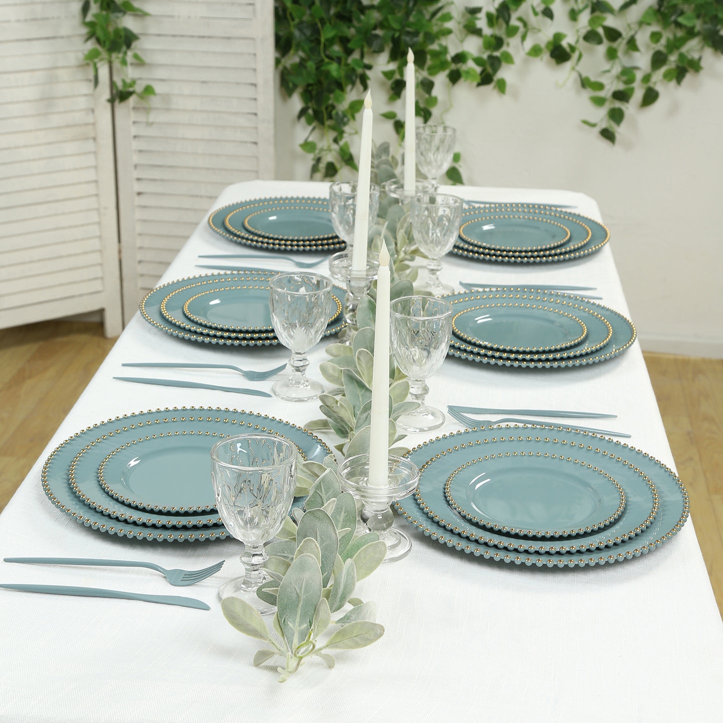 10-Pack Plastic 10" Round Dinner Plates in Dusty Blue with Gold Beaded Rim - Disposable Party Plates for Banquets & Festive Occasions