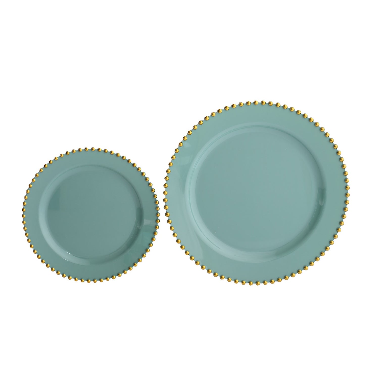 10 Pack Dusty Sage Green Disposable Party Plates with Gold Beaded Rim, 10" Round Plastic Dinner Plates