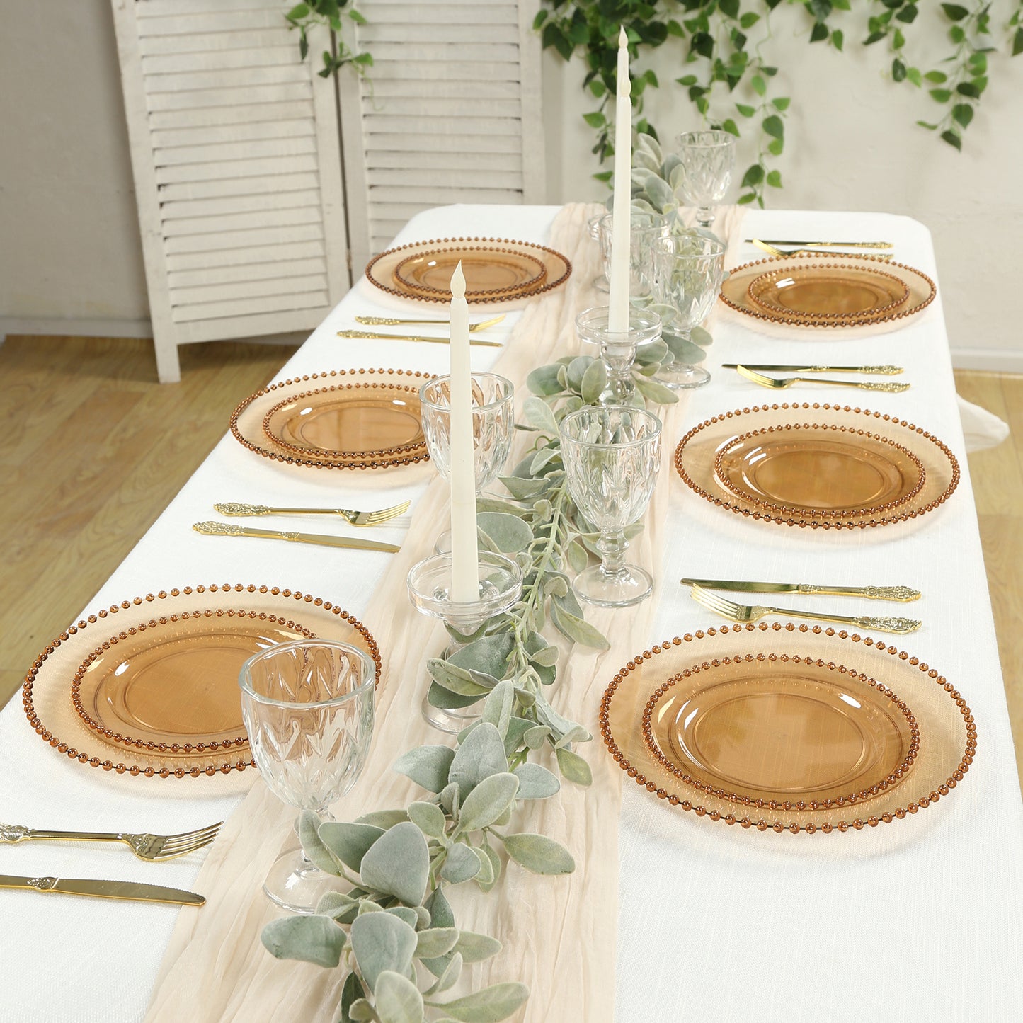 10-Pack Plastic 10" Round Dinner Plates in Amber Gold with Beaded Rim - Disposable Party Plates for Banquets & Festive Occasions