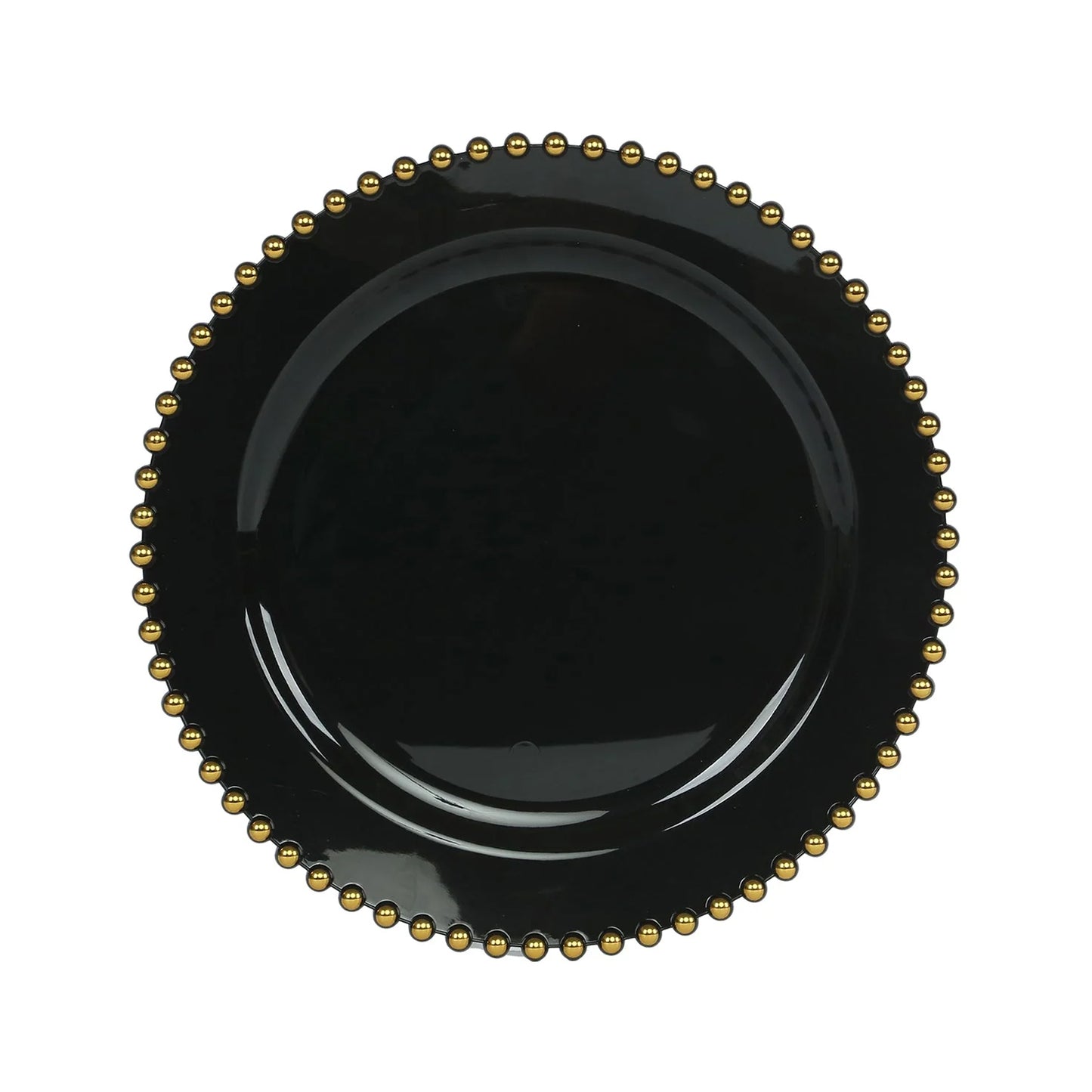 10-Pack Plastic 10" Round Dinner Plates in Black with Gold Beaded Rim - Disposable Party Plates for Banquets & Festive Occasions