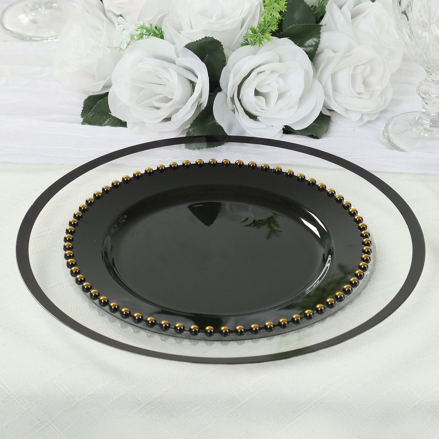 10-Pack Plastic 10" Round Dinner Plates in Black with Gold Beaded Rim - Disposable Party Plates for Banquets & Festive Occasions