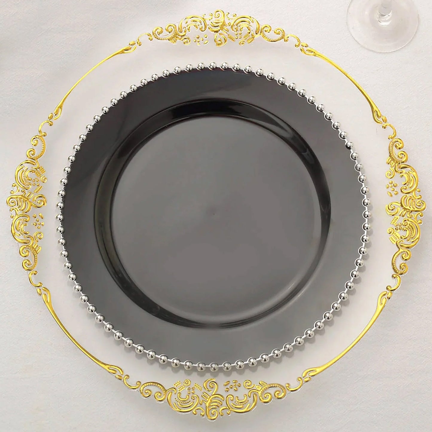 10 Pack | 10" Black / Silver Beaded Rim Disposable Dinner Plates, Round Plastic Party Plates