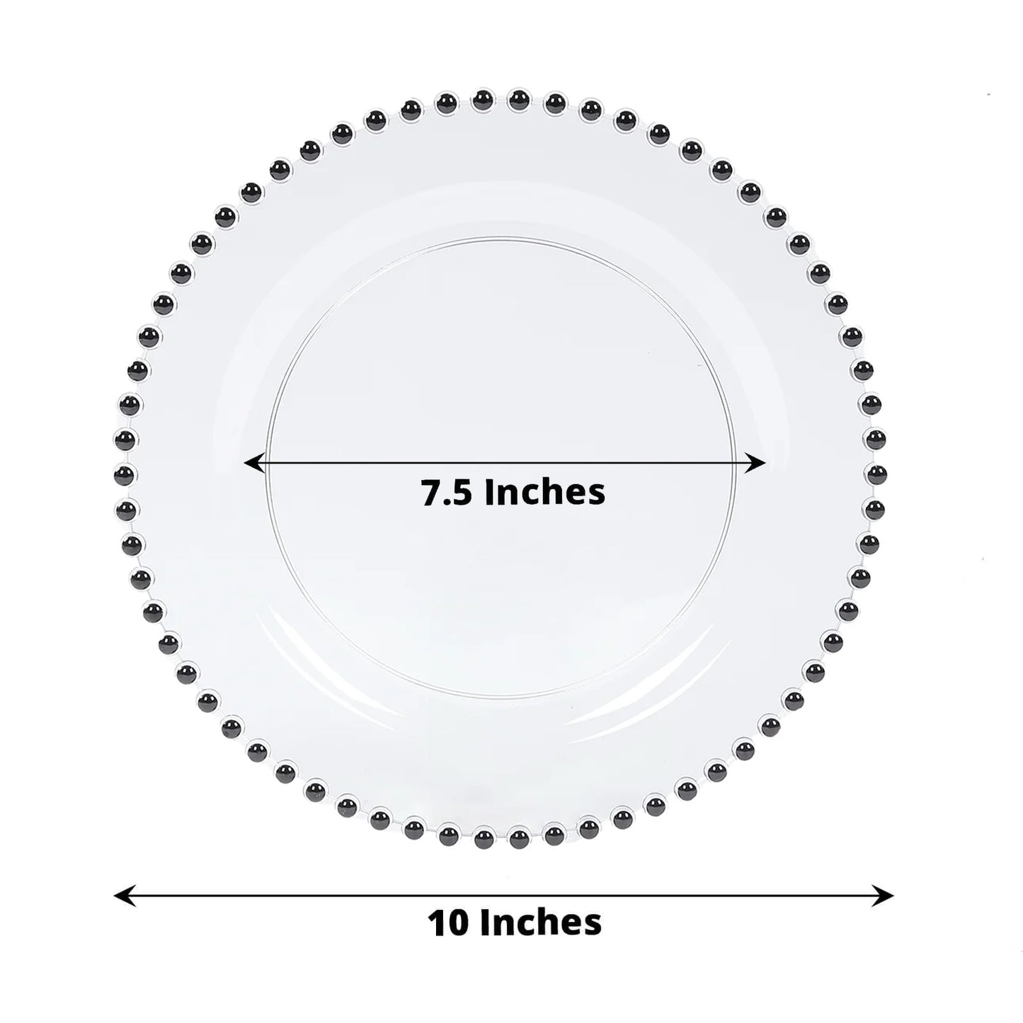 Clear disposable dinner plate with black beaded rim, 10 inches wide.