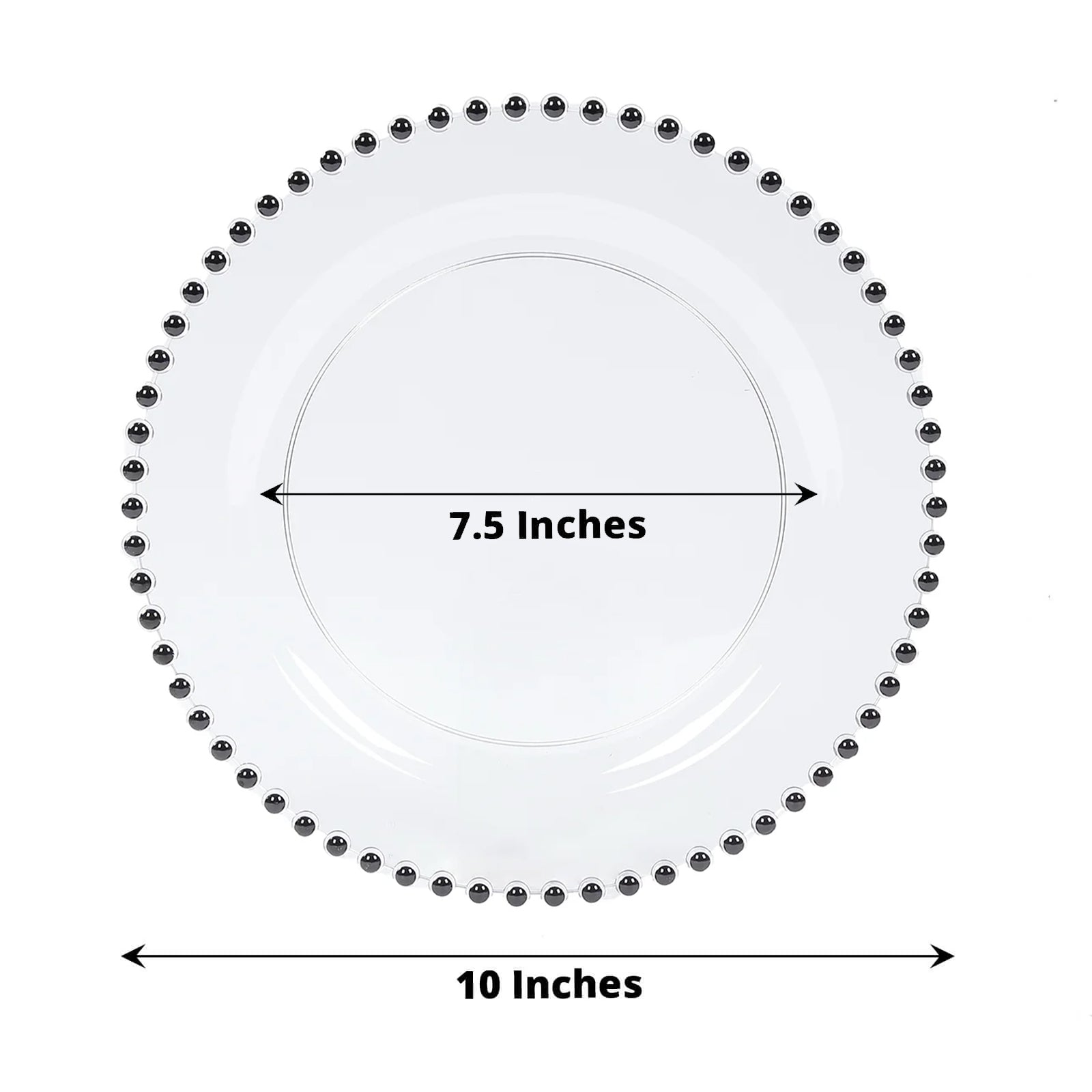 Clear disposable dinner plate with black beaded rim, 10 inches wide.