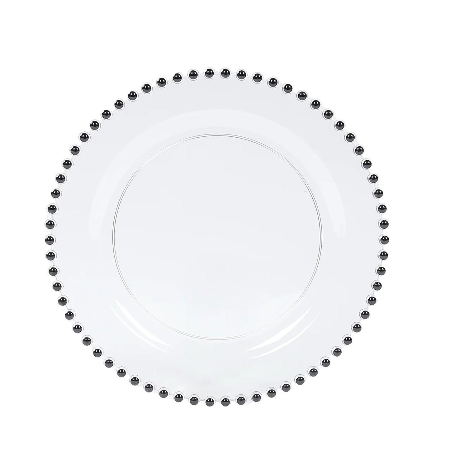 Clear round dinner plate with black beaded rim, perfect for parties.