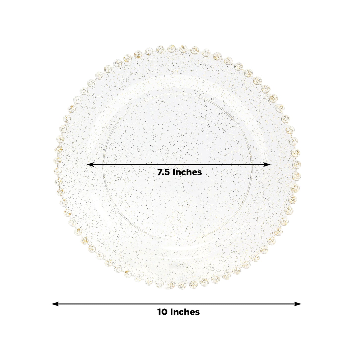 10-Pack Plastic 10" Round Dinner Plates in Clear Gold Glittered with Beaded Rim - Disposable Party Plates for Banquets & Festive Occasions