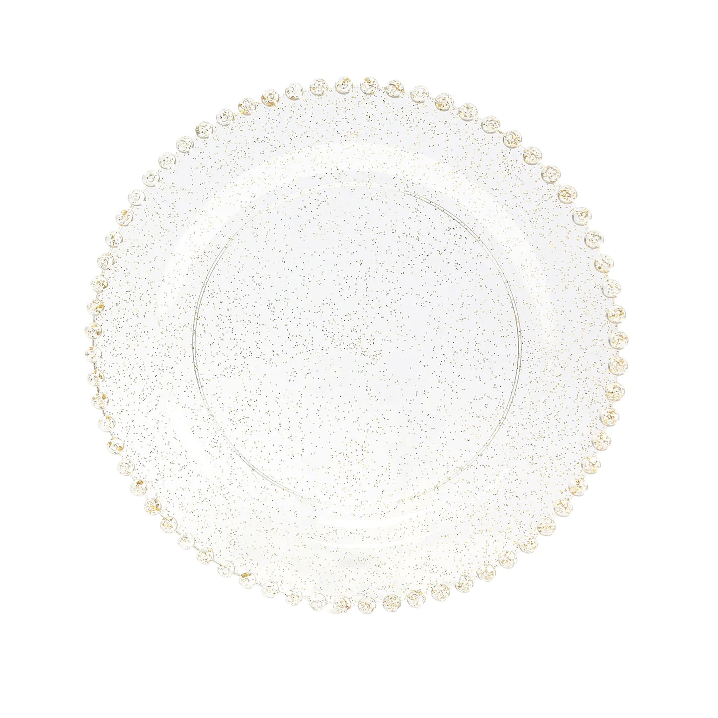 10-Pack Plastic 10" Round Dinner Plates in Clear Gold Glittered with Beaded Rim - Disposable Party Plates for Banquets & Festive Occasions