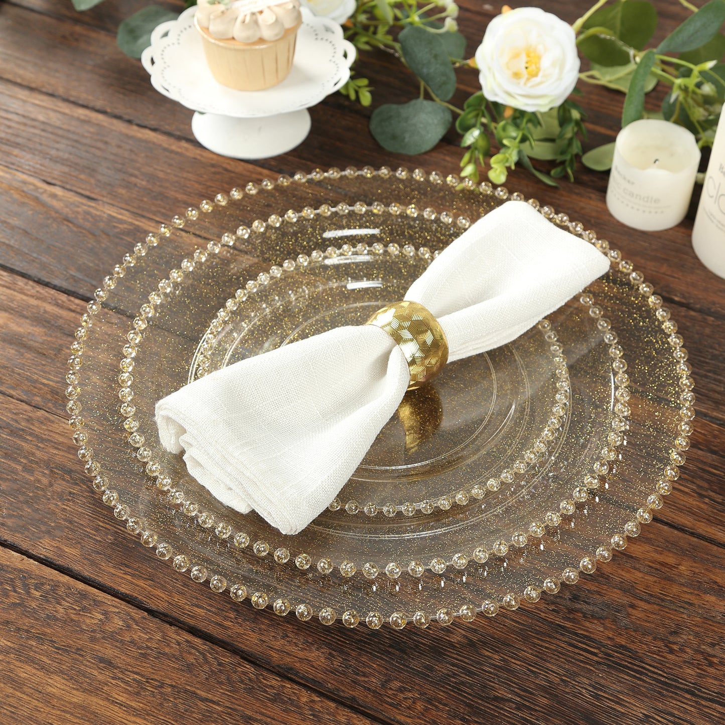 10-Pack Plastic 10" Round Dinner Plates in Clear Gold Glittered with Beaded Rim - Disposable Party Plates for Banquets & Festive Occasions