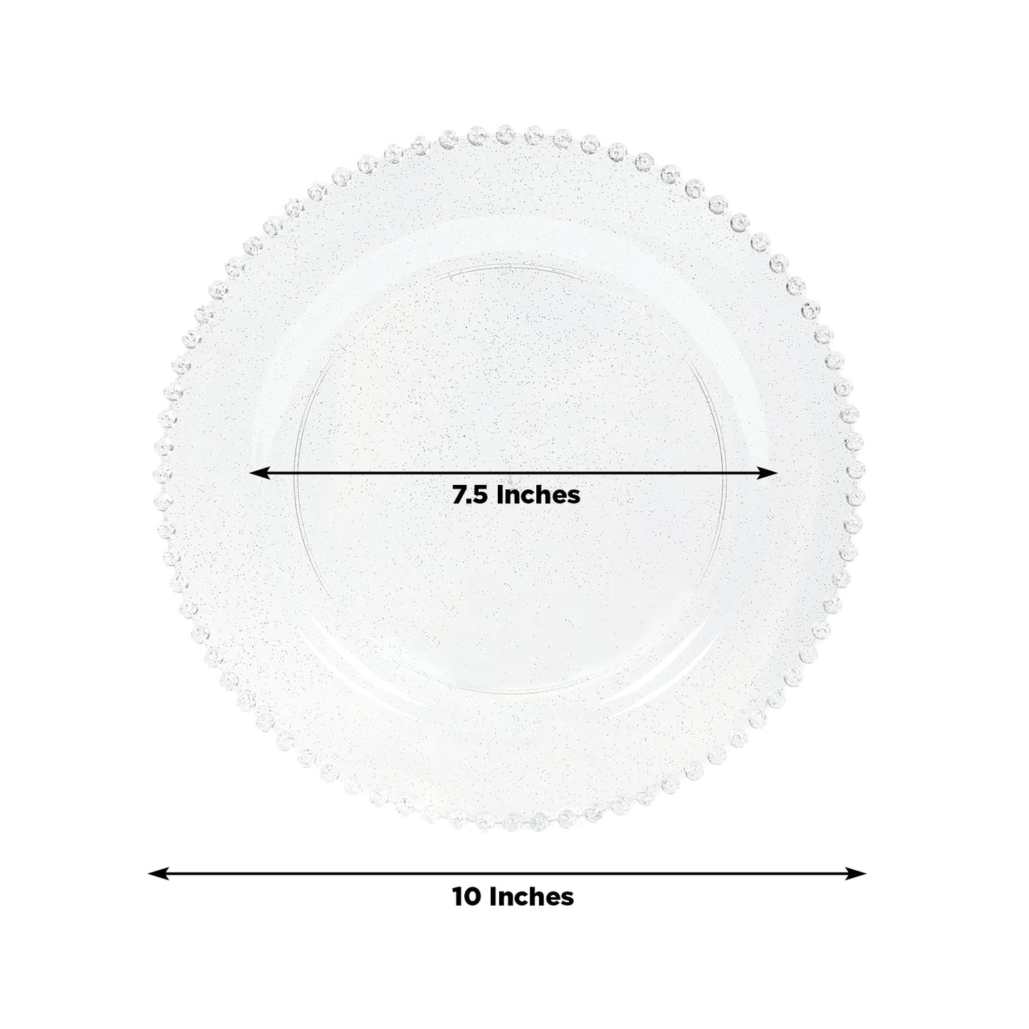 10-Pack Plastic 10" Round Dinner Plates in Clear Silver Glittered with Beaded Rim - Disposable Party Plates for Banquets & Festive Occasions