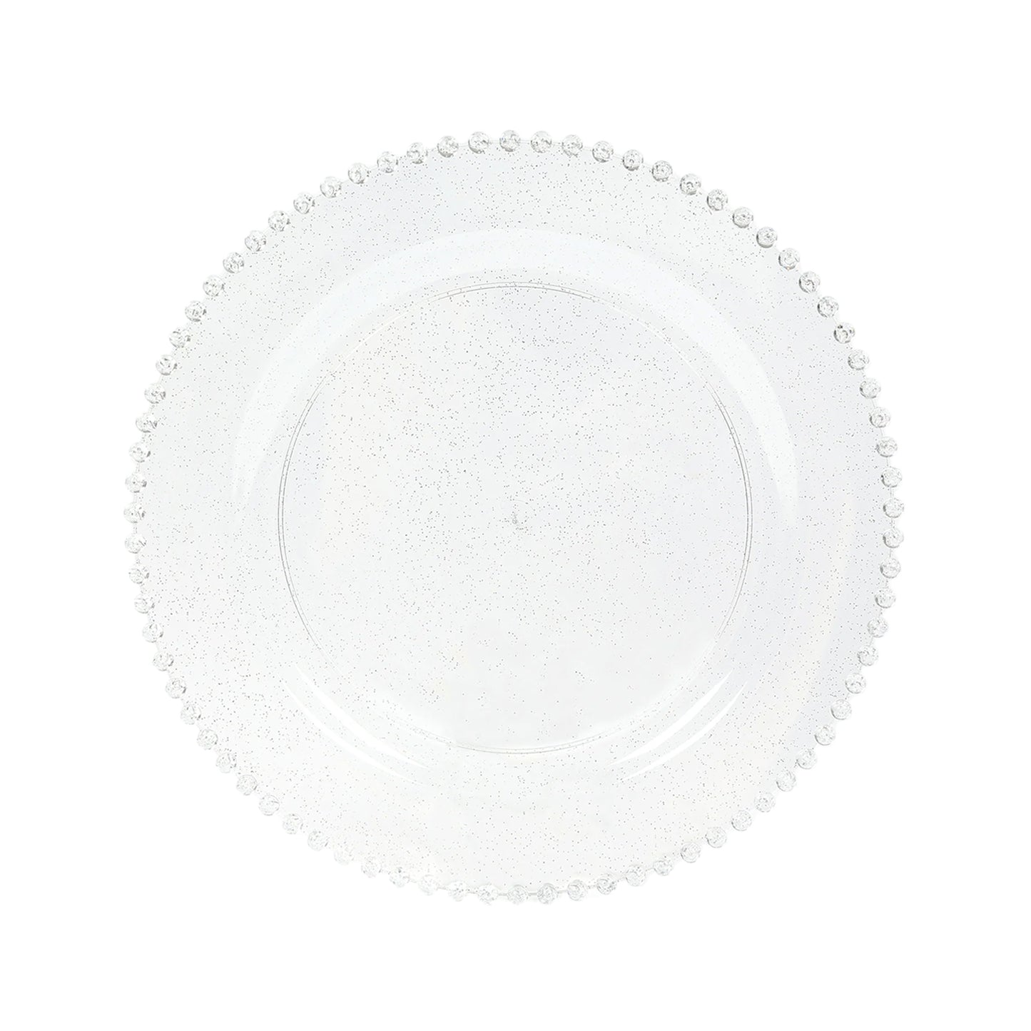 10-Pack Plastic 10" Round Dinner Plates in Clear Silver Glittered with Beaded Rim - Disposable Party Plates for Banquets & Festive Occasions