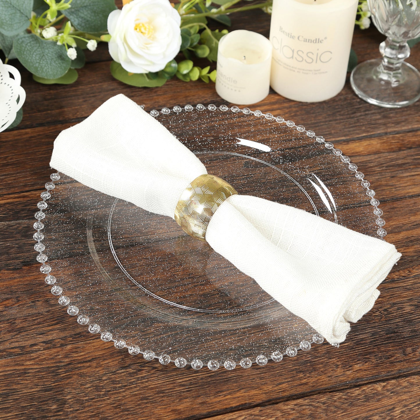 10-Pack Plastic 10" Round Dinner Plates in Clear Silver Glittered with Beaded Rim - Disposable Party Plates for Banquets & Festive Occasions