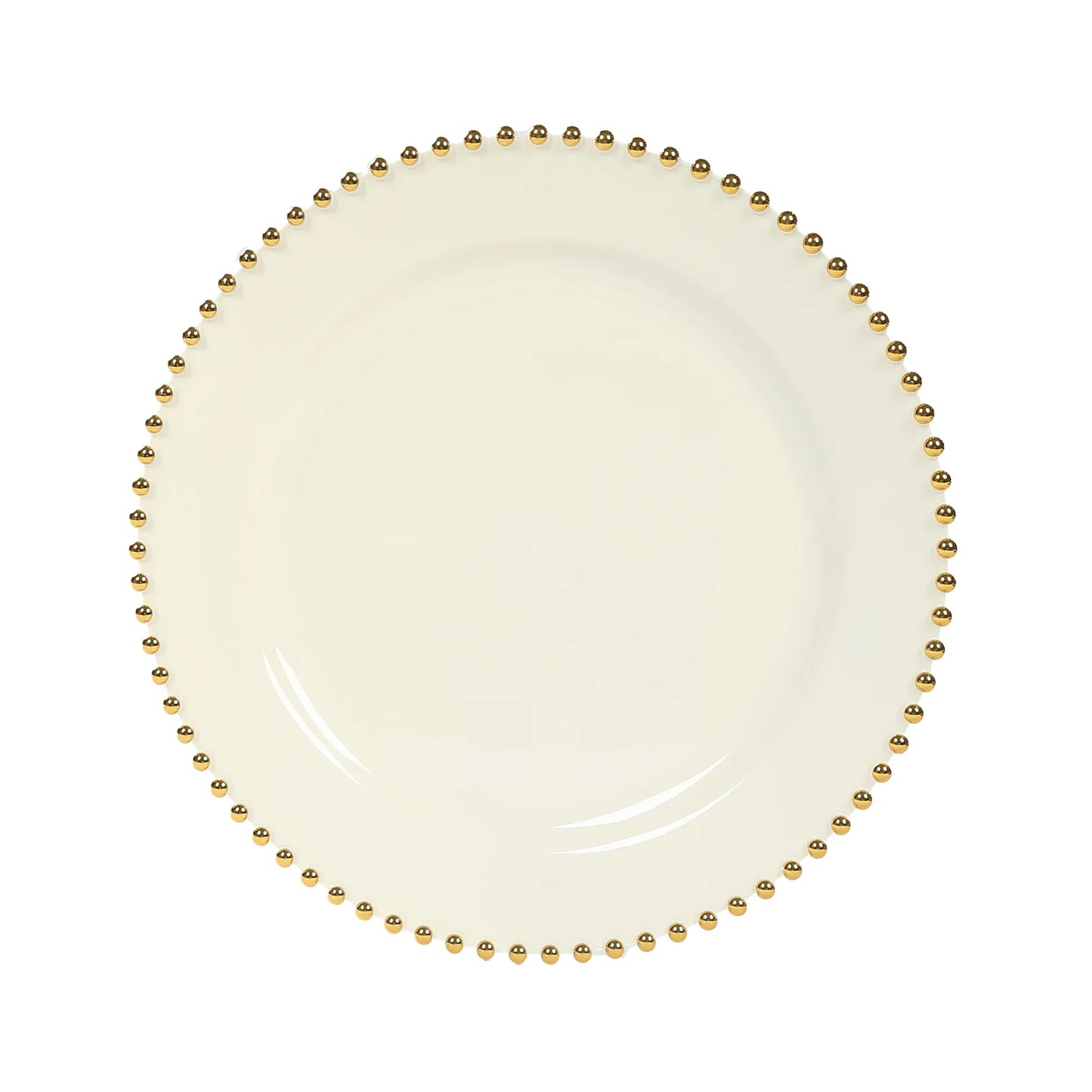 10-Pack Plastic 10" Round Dinner Plates in Ivory with Gold Beaded Rim - Disposable Party Plates for Banquets & Festive Occasions