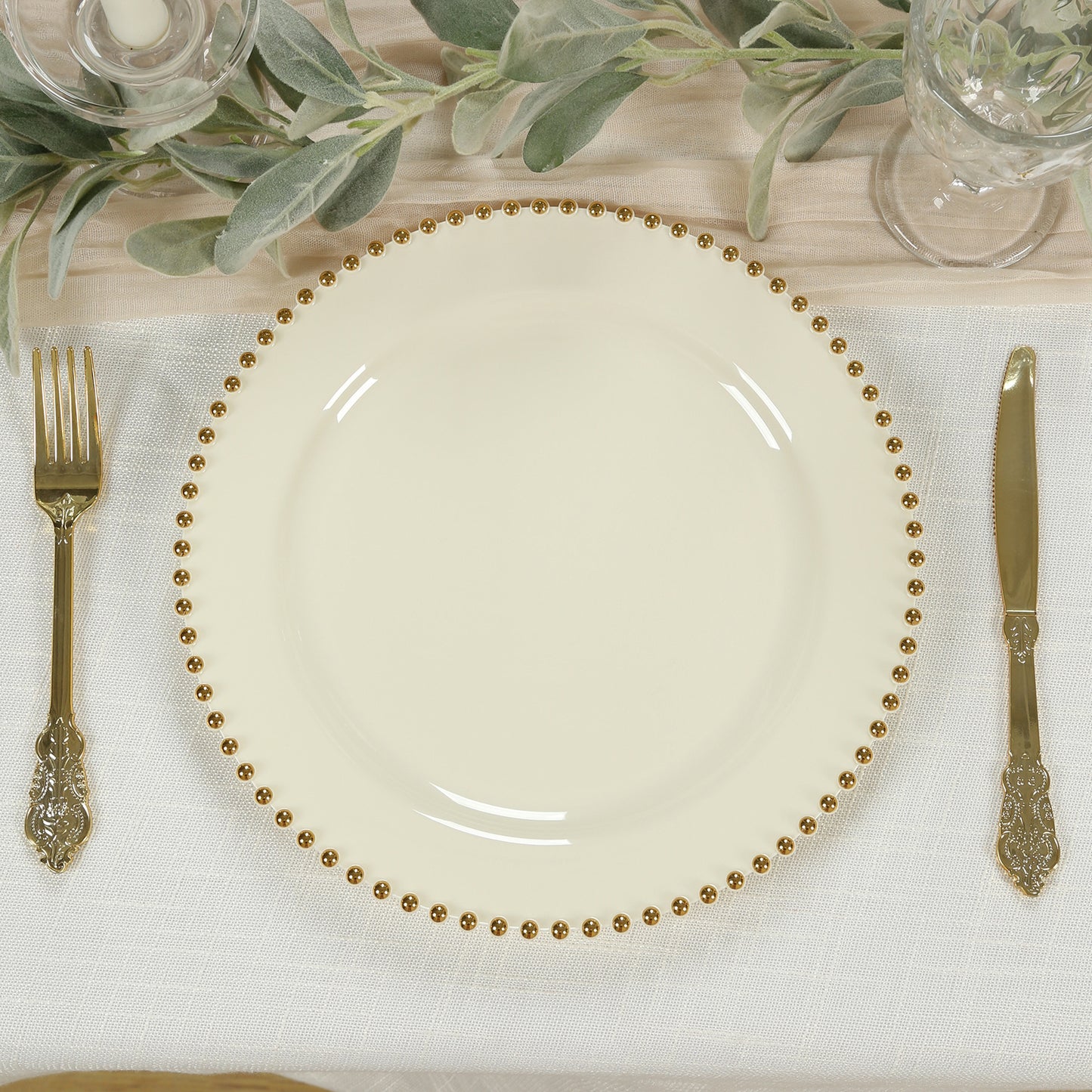 10-Pack Plastic 10" Round Dinner Plates in Ivory with Gold Beaded Rim - Disposable Party Plates for Banquets & Festive Occasions