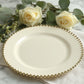 10-Pack Plastic 10" Round Dinner Plates in Ivory with Gold Beaded Rim - Disposable Party Plates for Banquets & Festive Occasions
