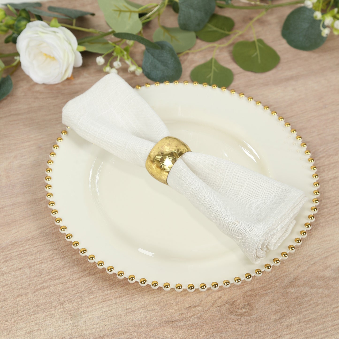10-Pack Plastic 10" Round Dinner Plates in Ivory with Gold Beaded Rim - Disposable Party Plates for Banquets & Festive Occasions