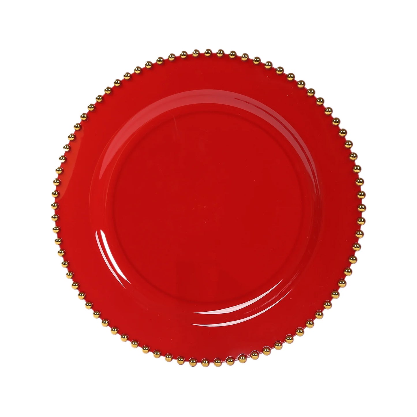 10-Pack Plastic 10" Round Dinner Plates in Red with Gold Beaded Rim - Disposable Party Plates for Banquets & Festive Occasions