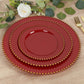 10-Pack Plastic 10" Round Dinner Plates in Red with Gold Beaded Rim - Disposable Party Plates for Banquets & Festive Occasions
