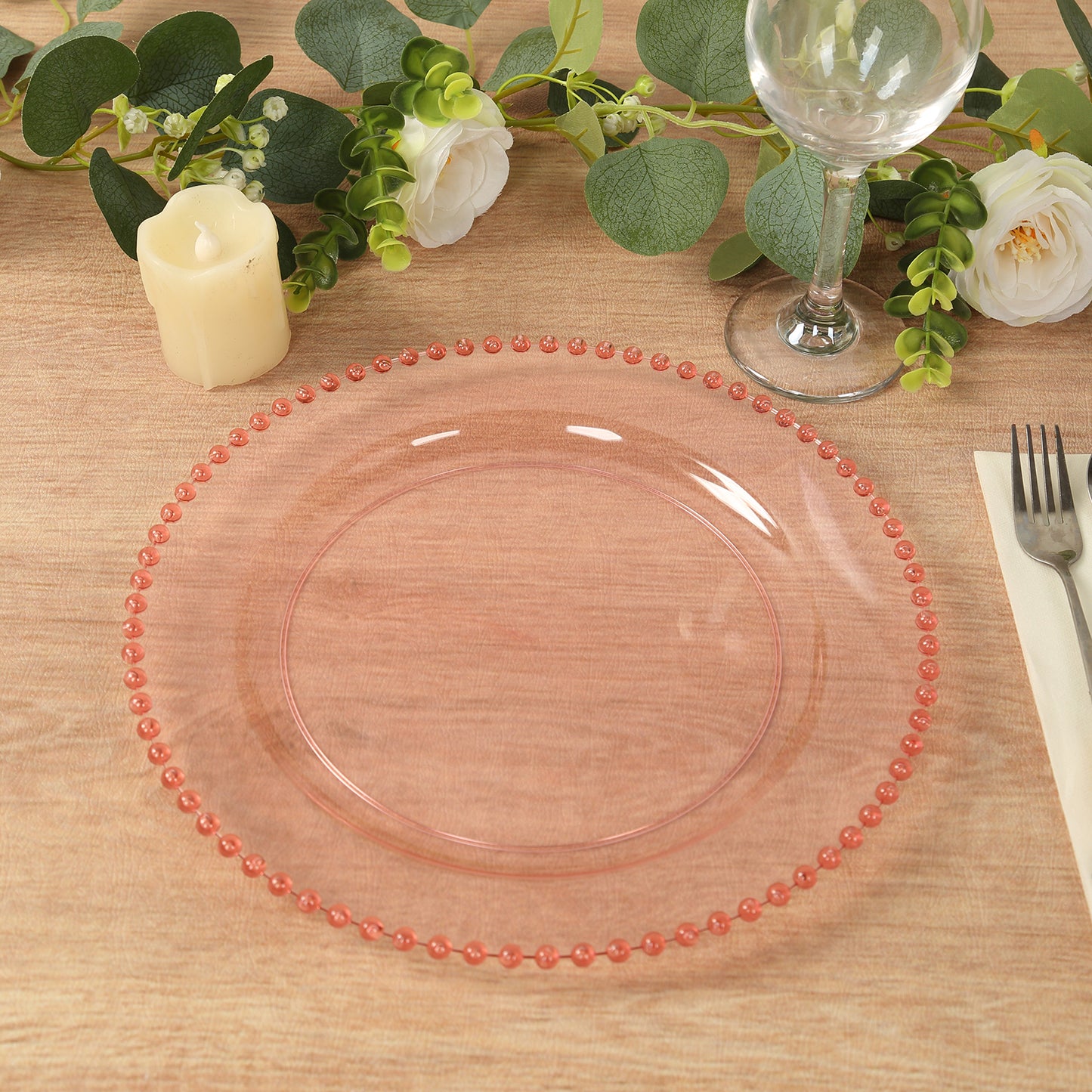 10 Pack Transparent Blush Plastic Party Plates with Beaded Rim, Round Disposable Dinner Plates - 10"