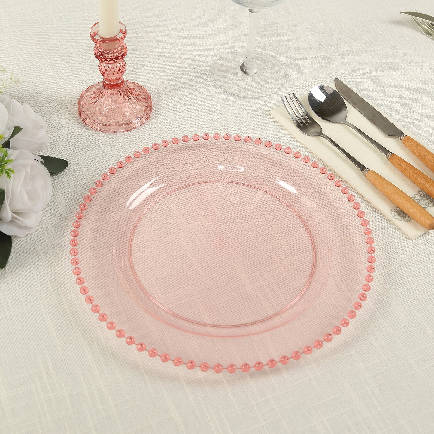 10 Pack Transparent Blush Plastic Party Plates with Beaded Rim, Round Disposable Dinner Plates - 10"