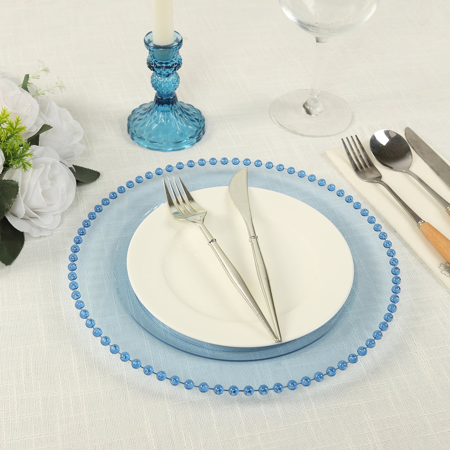 10 Pack Transparent Dusty Blue Plastic Party Plates with Beaded Rim, Round Disposable Dinner Plates - 10"