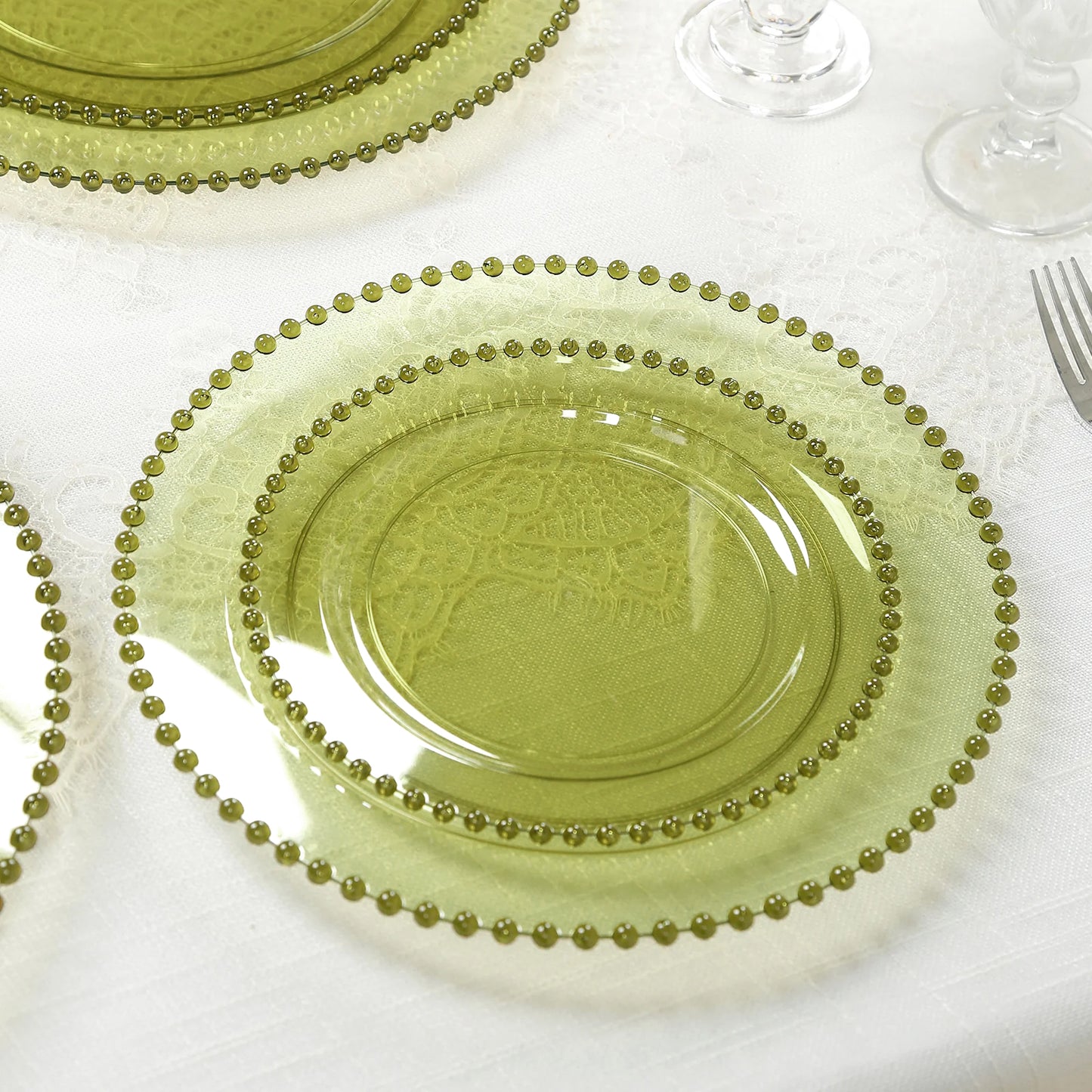 10-Pack Plastic 10" Round Dinner Plates in Transparent Dusty Sage Green with Beaded Rim - Disposable Party Plates for Banquets & Festive Occasions