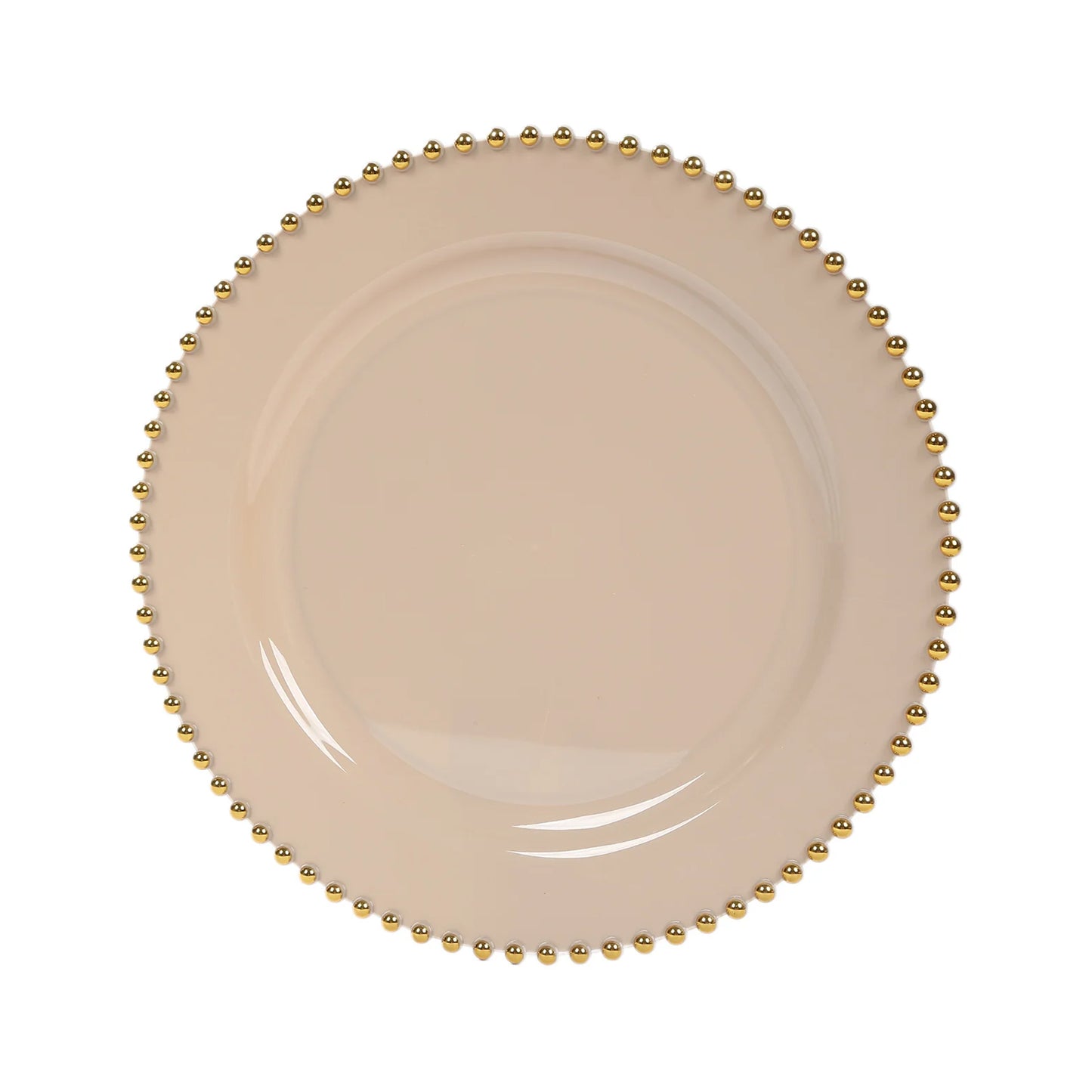 10-Pack Plastic 10" Round Dinner Plates in Taupe with Gold Beaded Rim - Disposable Party Plates for Banquets & Festive Occasions