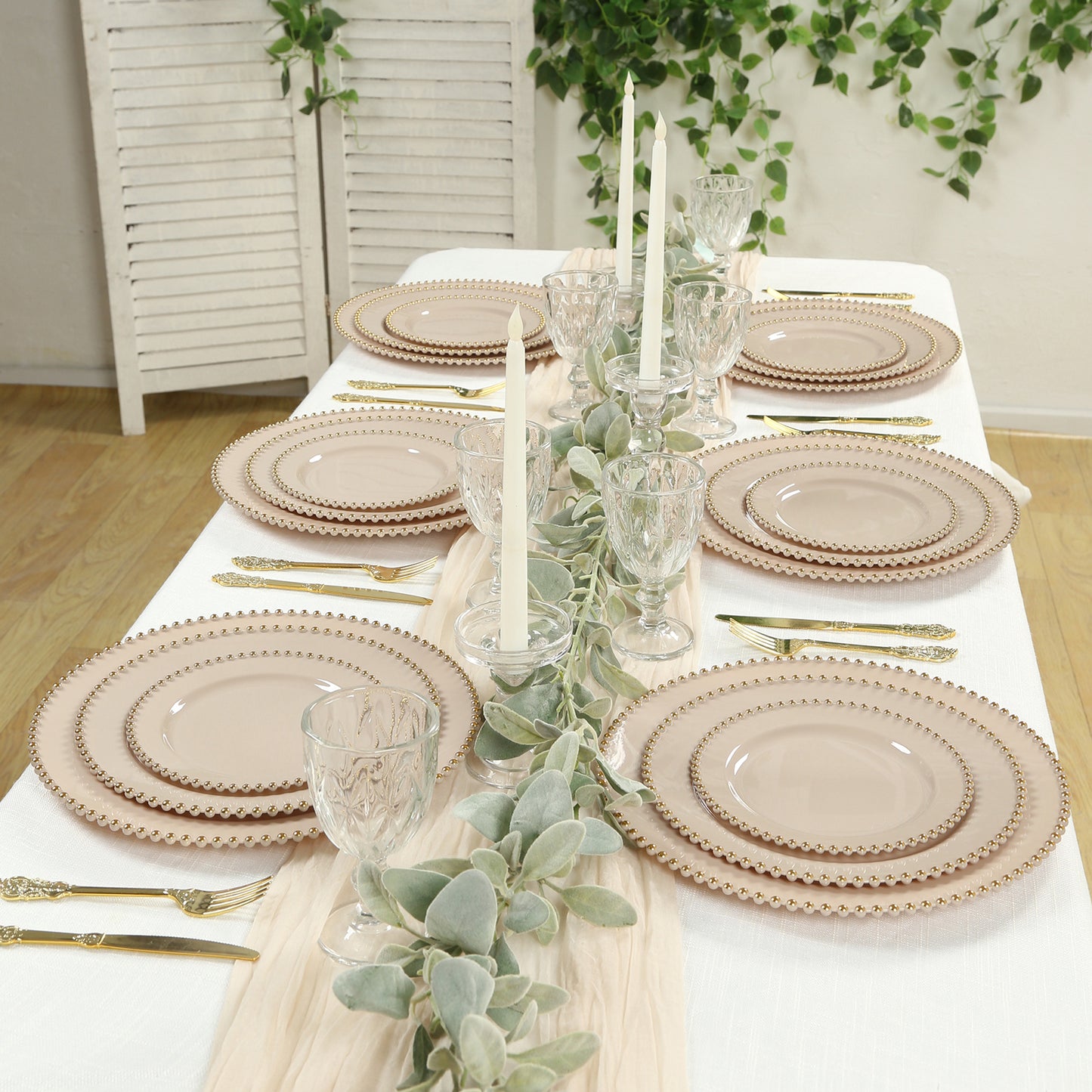 10-Pack Plastic 10" Round Dinner Plates in Taupe with Gold Beaded Rim - Disposable Party Plates for Banquets & Festive Occasions