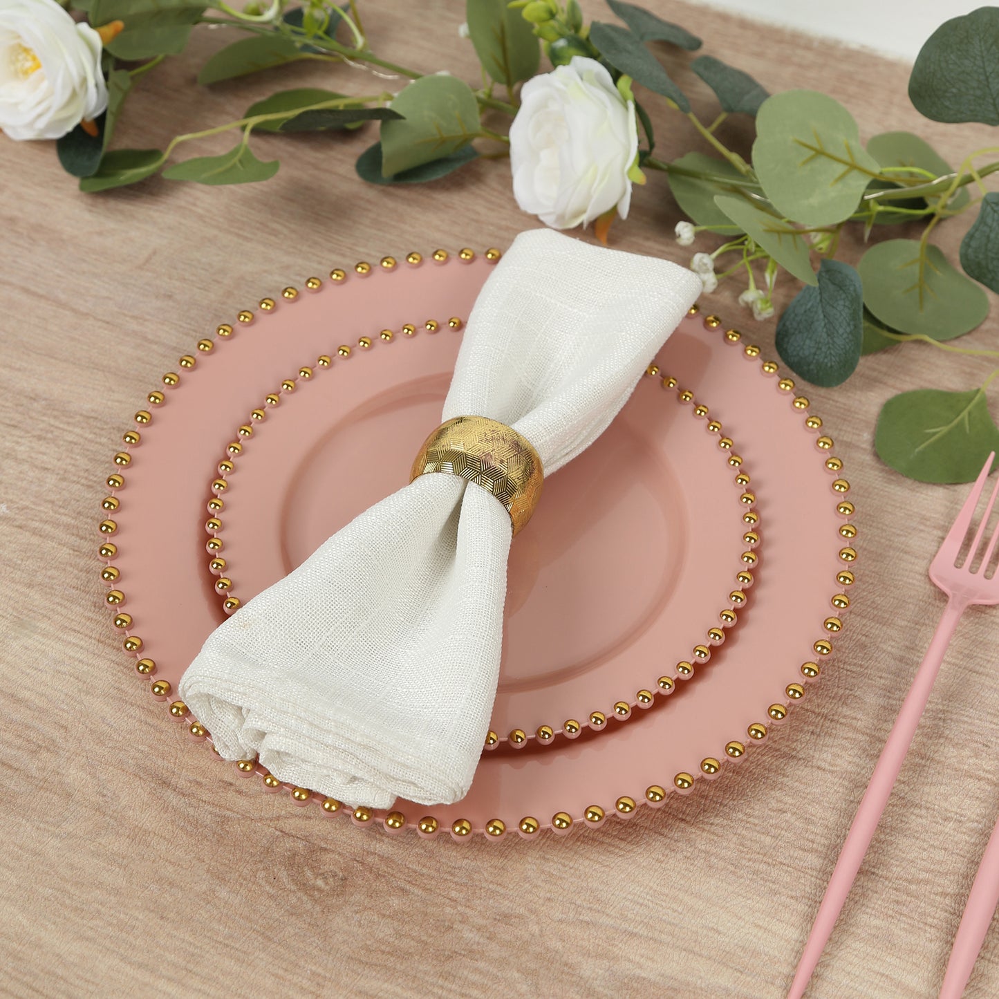 10-Pack Dusty Rose Plastic Dessert Plates – 8" Round with Gold Beaded Rim, Disposable for Parties & Events