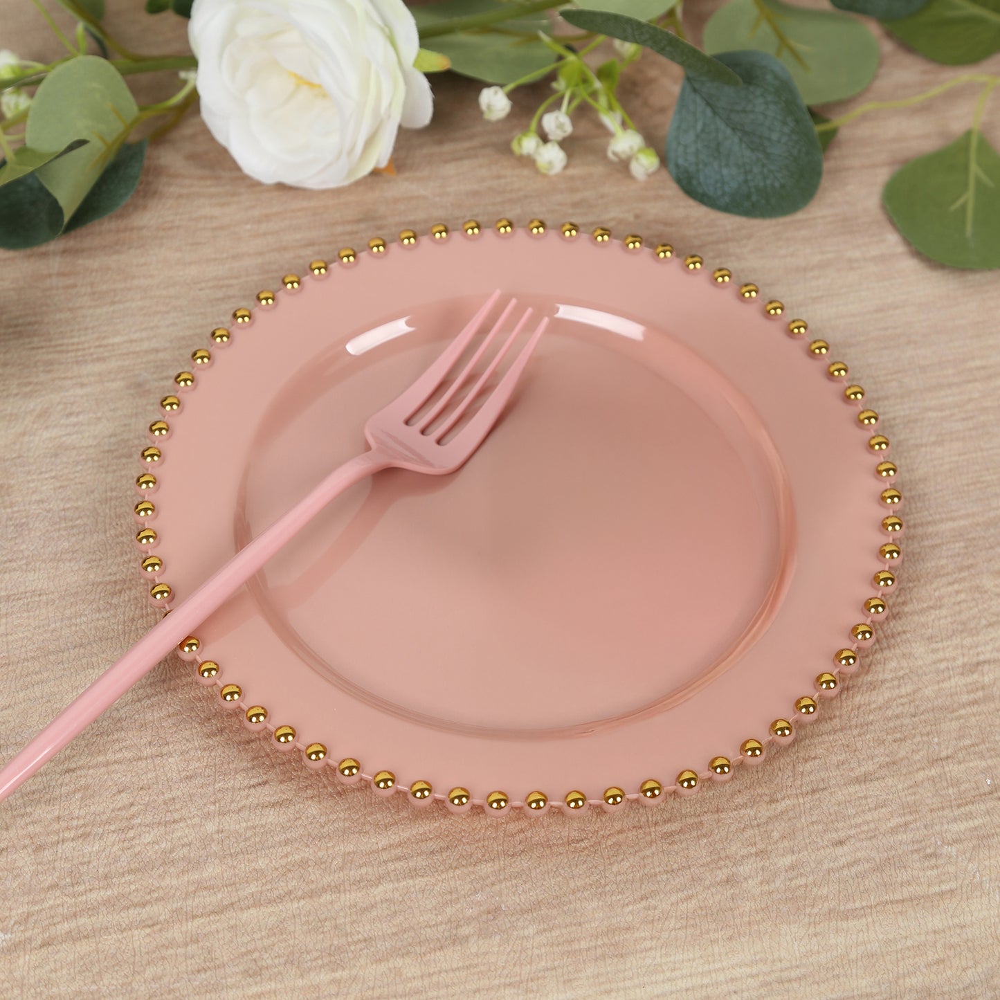 10-Pack Dusty Rose Plastic Dessert Plates – 8" Round with Gold Beaded Rim, Disposable for Parties & Events