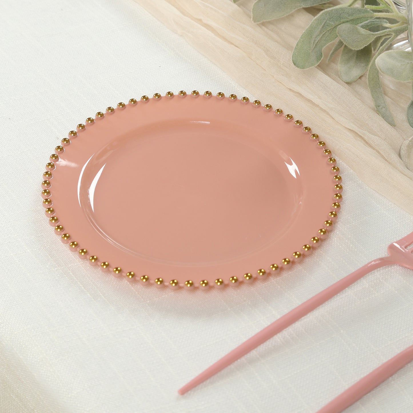 10-Pack Dusty Rose Plastic Dessert Plates – 8" Round with Gold Beaded Rim, Disposable for Parties & Events