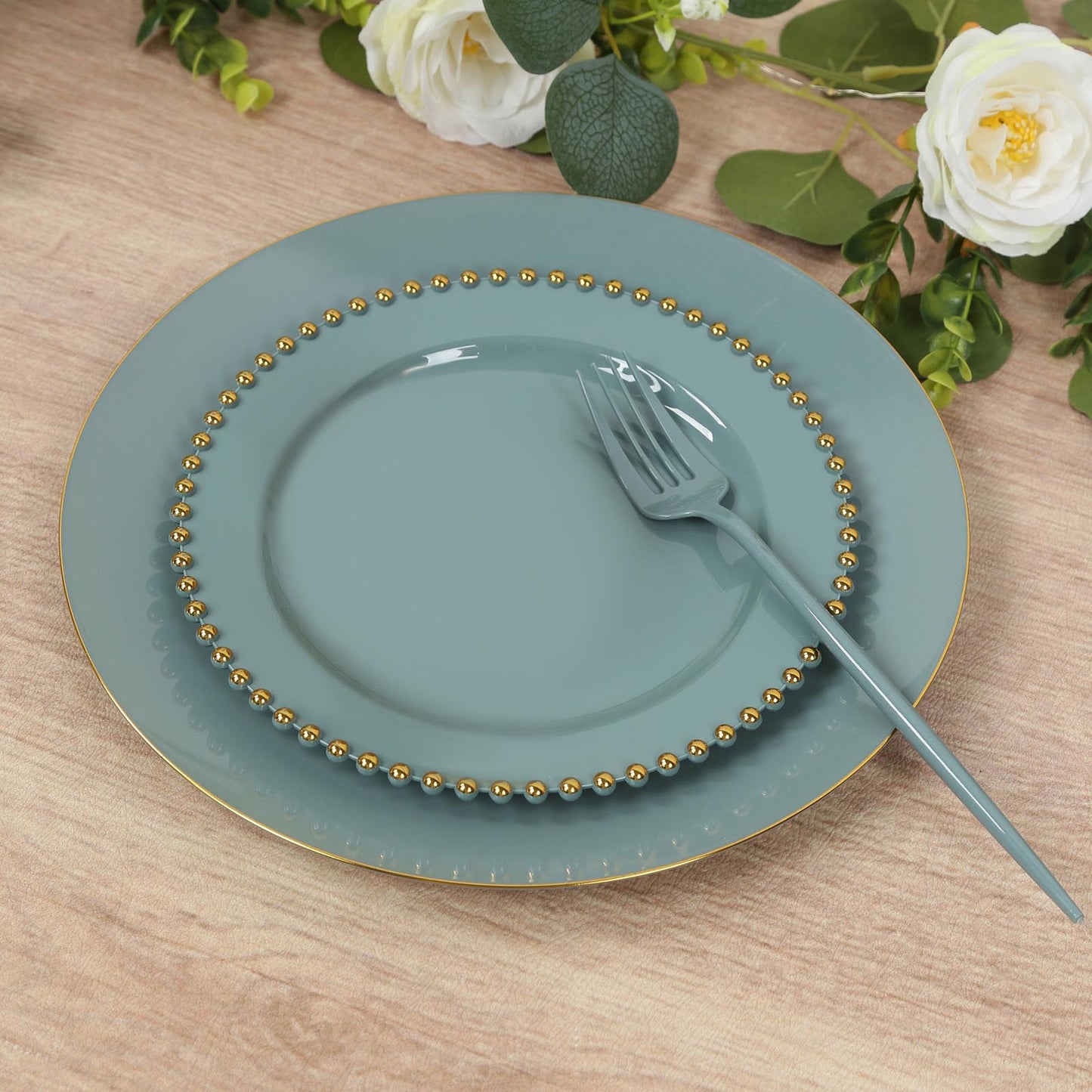 10-Pack Dusty Blue Plastic Dessert Plates – 8" Round with Gold Beaded Rim, Disposable for Parties & Events